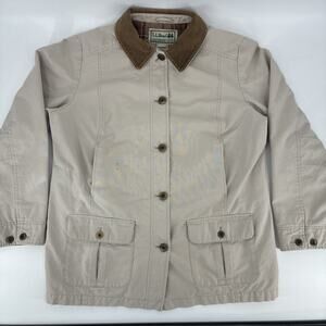 LL Bean Adirondack Barn Chore Coat Women Large Beige Flannel Lined Corduroy